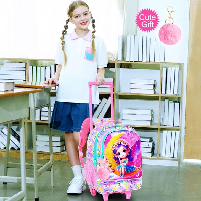 Girls Rolling Backpack, Cute Moon Fairy Roller Wheels Kids Bookbag - Wheeled Elementary School Bag - 3PCS Moon Fairy