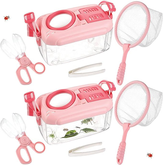 2 Set Bug Catcher for Kids- Educational Bug Catching Kit Including Butterfly Net, Insect Clip, Tweezer, Outdoor Toys for Kids Ages 3-10 (Pink)