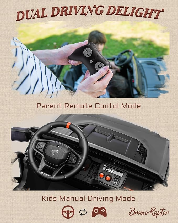 24V Ride on Toys for Big Kids, Licensed Ford Bronco Raptor Electric Car 2 Seater with Remote Control, Kids Ride on Cars w/ 2-Seater, 4.3 Mph Max Speed, Soft Start Function (24V, Black)