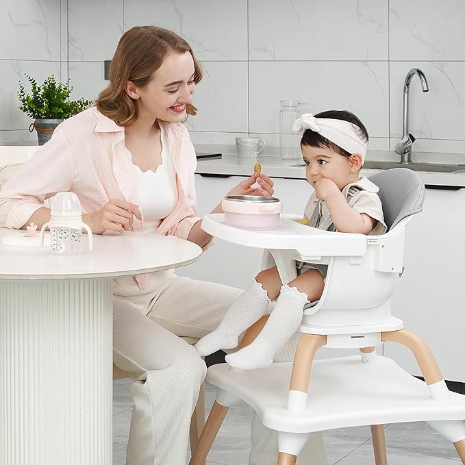 Baby High Chair, 7 in 1 Convertible High Chairs for Babies and Toddlers, Kids Learning Table, Building Block Table, Toddler Dining Chair with 360° Rotating Seat, 5-Point Safety Harness (Grey)