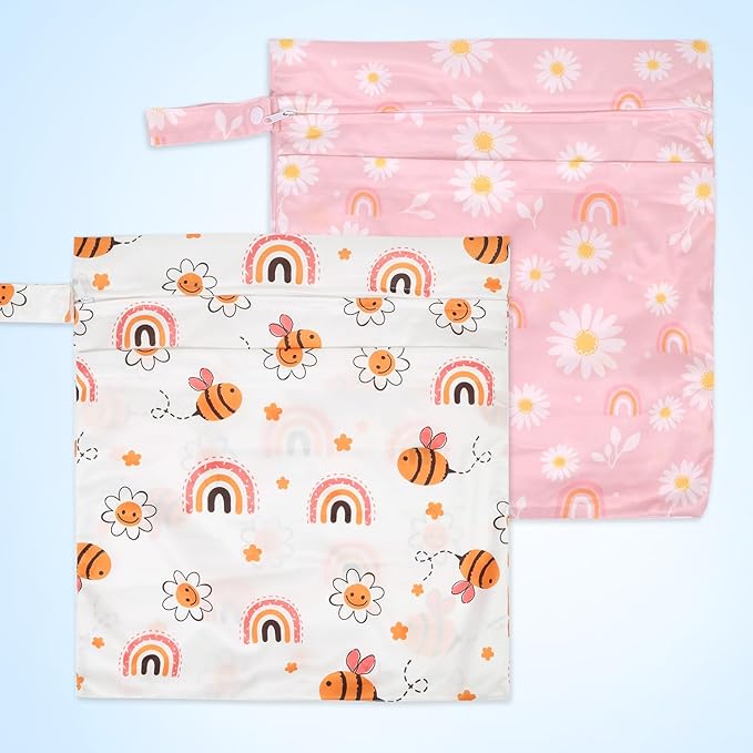 2pcs Cloth Diaper Wet Dry Bags, Waterproof Reusable Wet Bag with 2 Zipper Pockets & Handle, Washable Laundry Bags for Baby Adult Clothes Travel Beach Pool Daycare Yoga Gym Exercise Swimsuits,