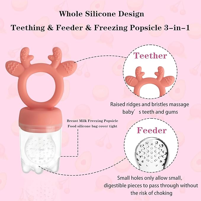 Baby Fruit Food Feeder - Silicone Nibble Tray Combo - Breastmilk Popsicle Mold for Cooling Relief, BPA Free Mesh Feeder for Infant Self Feeding (Deer Pink + Pineapple)