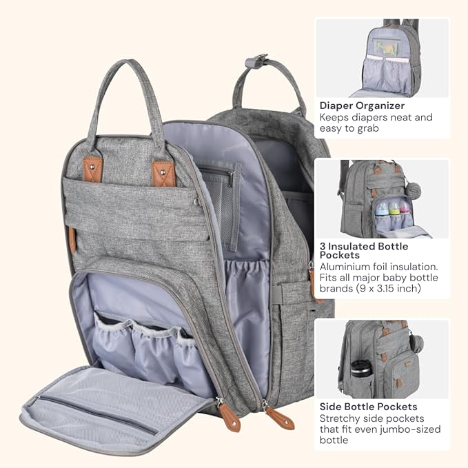 BabbleRoo Extra Large Diaper Bag Backpack, Expandable Baby Bag with Up to 50% More Capacity - Travel Essentials Baby Bag Tote with Changing Pad, Stroller Straps & Pacifier Case - Unisex, Light Gray
