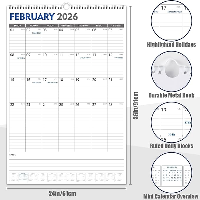 GuassLee Extra Large Wall Calendar 2025, 36"x 24" Jumbo Vertical Wall Planner 2025-2026 from June 2025 to December 2026,19 Months with Julian Dates and Notes for Office School Home Teacher Planning