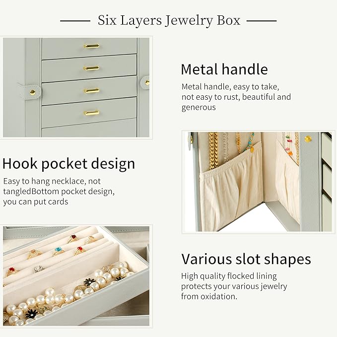 AKOZLIN Large Jewelry Box Organizer Functional Lockable with Big Mirror, Leather Jewelry Storage Case for Women Girls Ring Necklace Earring Bracelet Holder Organizer Grey