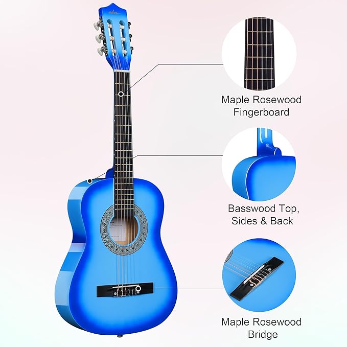ADM Beginner Acoustic Classical Guitar 34 Inch Nylon Strings Wooden Guitar Bundle Kit for Kid Boy Girl Student Youth Guitarra Online Lessons with Gig Bag, Strap, Tuner, Strings, Picks, Blue