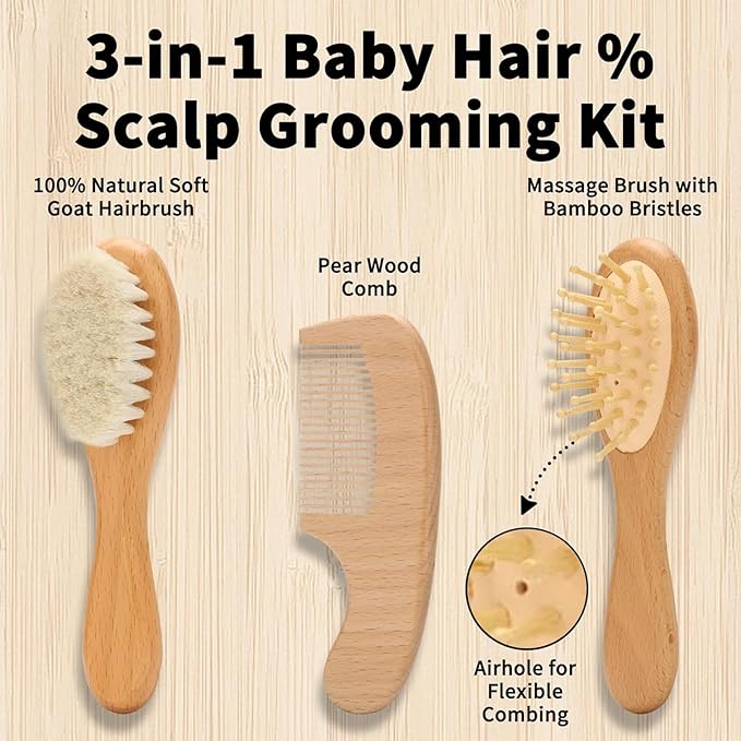 Goat Baby Hair Brush Set, Wooden Comb Massage Scalp Comb, Safe Natural Hair Care Kit, Soft Silicone Bath Brush for Newborns Toddlers (Brush Set+ Massager)