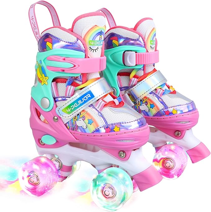 4-Pejiijar Rainbow Unicorn Kids Roller Skates for Girls Toddler Ages 2-4 5-8 8-12,Adjustable Roller Shoes with Luminous Wheels for Birthday Xmas Gifts