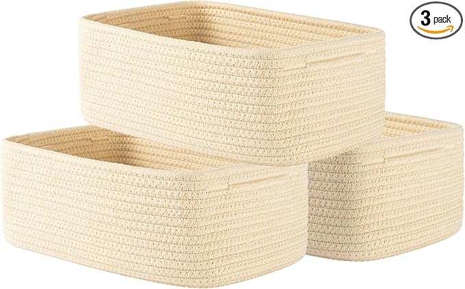 KALLAX Small Woven Basket, 12 x 8 x 4.5 Inches, Storage Basket for Organizing, Cute Small Rope Shelf Closet Cube Storage Bins Baskets for Shelves, Dog Toy Gift Baskets Empty, 3 Packs, Beige