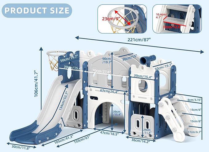 8 in 1 Toddler Slide and Climber Playset Indoor Outdoor Kids Slide with Basketball Hoop,Telescope, Storage Space, Freestanding Backyard Playground for Toddler Age 1-3, Blue