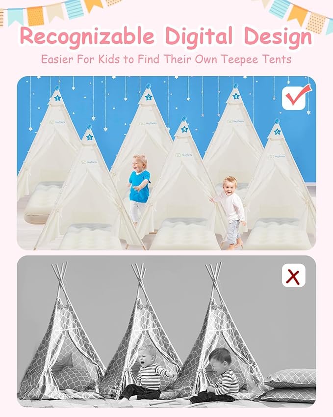 6 Pack Teepee Tent for Kids with Inflatable Airbed, Light, Toddler Tent Children Room Tents, Slumber Party Sleepover Tents, Indoor Outdoor Kids Playtent Playhouse for Girls & Boys