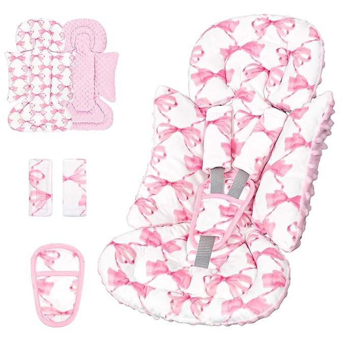 Infant Car Seat Insert, Soft Baby Car Seat Head & Body Support for Girl Boy, Reversible Newborn Preemie Carseat Insert Cushion with 3 Straps Pads, Fits Car Seat, Stroller, Swing, Bouncer, Pink Bow