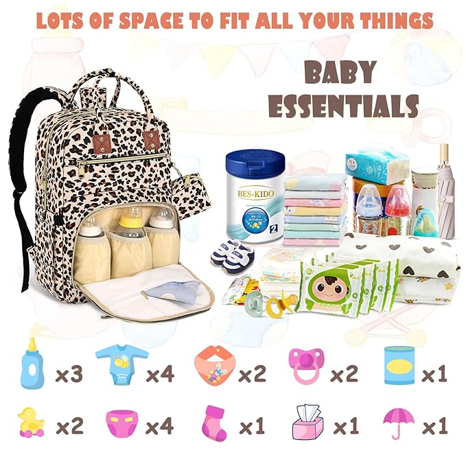 Baby Diaper Bag Backpack Travel Diaper Bags for Baby Girl Boy Large Capacity Baby Bag Backpack for Women Leopard Print