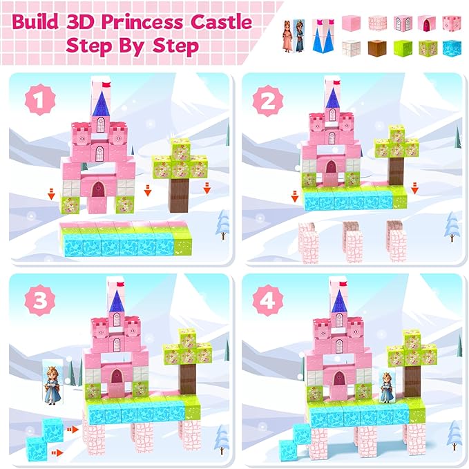64 Pcs Magnetic Blocks-Princess Castle Collection World,Magnetic Building Blocks for 3+ Year Old Boys & Girls, Creative STEM Sensory Toys,Christmas Birthday Gifts for Kids Ages 3-8