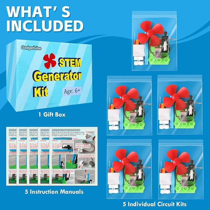 5 Bulk STEM Generator Kits for Kids, DC Motor Science Experiments, Engineering Building Projects Activities STEAM Toys, Class Educational Learning Classroom Activity, Free Energy Hand Generators Kit