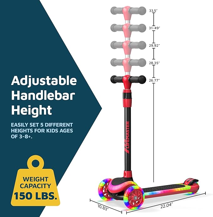 3-Wheel Kids Scooter with Multi-Color Lights on Deck & Wheels – 5-Height Adjustable Handlebar, Wide Anti-Slip Deck, Child Safety Certified, Boys & Girls Ages 3+ Supports Up to 150 lbs