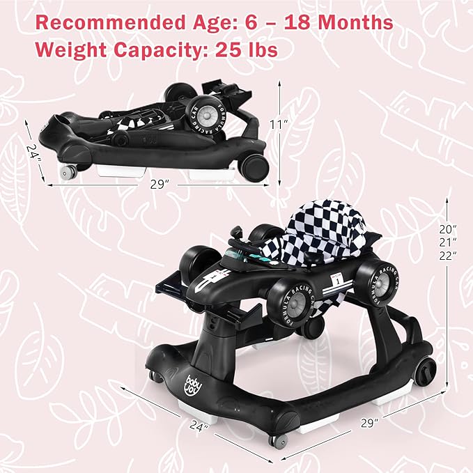 BABY JOY 4-in-1 Baby Walker, Foldable Activity Walker with Adjustable Height & Speed, Music, Lights, Anti-Rollover, Toddler Push Walker, Baby Walker with Wheels for Boys Girls 6-18 Months (Black)