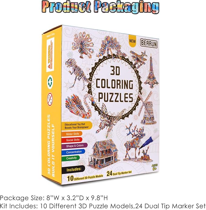 3D Coloring Puzzle Set, Arts and Crafts for Girls and Boys Age 6 7 8 9 10 11 12 Year Old, Fun Educational Painting Crafts Kit with Supplies for Kids, Birthday Toy Gift for Kids