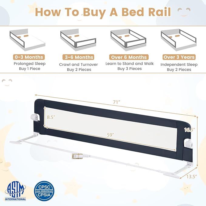 HONEY JOY Bed Rail for Toddlers, Extra Long, Foldable Portable Swing Down Safety Bed Guard Rail, Toddler Bed Rails for Crib, King Queen Full Twin Size Bed Mattress (Gray, 2 Pack, 71 Inch)