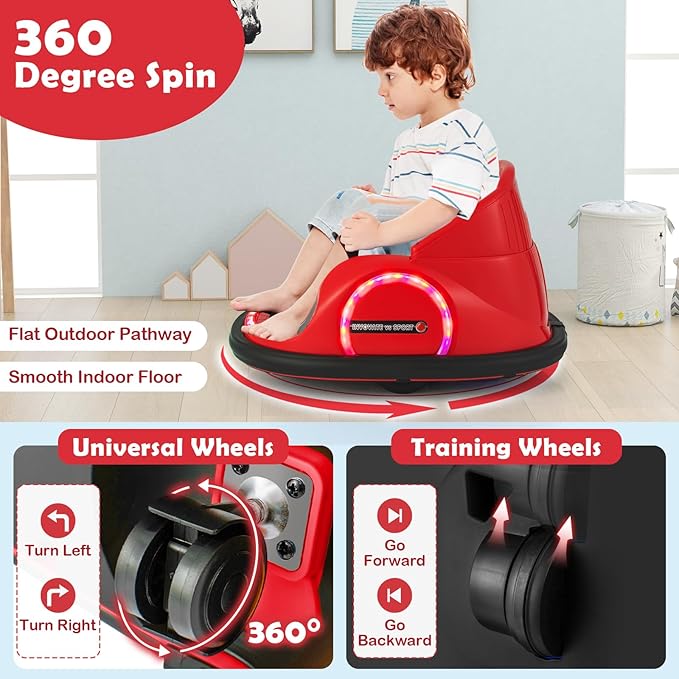 GLACER 12V Bumper Car, Electric Kids Bumper Car w/Parental Remote, 3-Speed, 360°Spin, Music, LED Light, Battery Ride on Bumper Car w/Dual Joysticks, Baby Bumper Car for Toddlers 18 Months+ (Red)