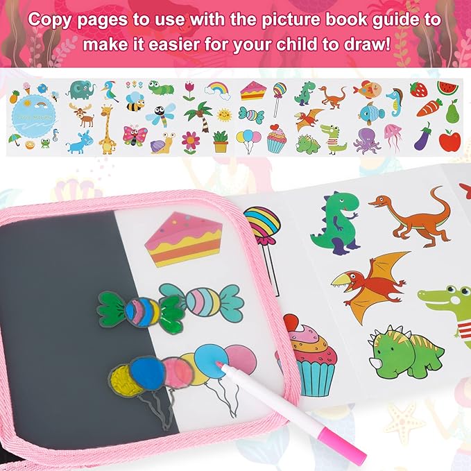 Erasable Doodle Set for Kids - Reusable Magic Drawing Book with 12 Watercolor Pens 14 Page Drawing, Road Trip Car Game Writing Painting Set for Boys and Girls (Mermaid)