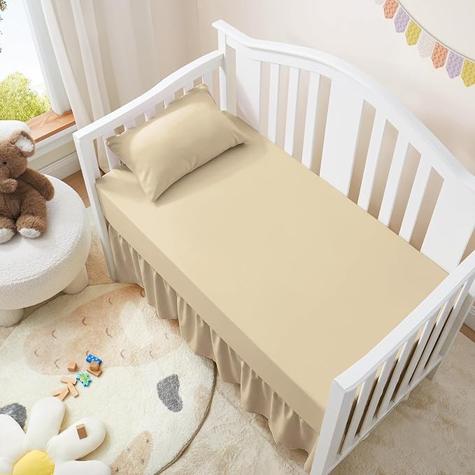 Horbaunal 2 Pack Set Crib Skirt & Crib Bed Sheet, Khaki Crib Bed Skirt 28" x 52" with 14" Drop Dust Ruffle, Soft Microfiber Toddler Bedskirt Nursery Bedding Skirt for Baby Girls and Boys