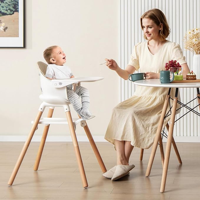BABY JOY High Chair, 6 in 1 Convertible Wooden Highchair for Babies & Toddlers with Adjustable Legs, Double Removable Tray, Safety Harness & Waterproof PU Cushion (Beige)
