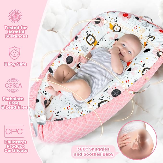 Baby Lounger - Baby Lounger for Newborn 0-24 Months, Breathable and Soft Cotton Cover Baby Nest, Portable Cozy Tummy Time Lounger for Home and Travel, Ideal Baby Essentials & Shower Gifts