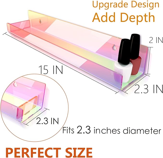 8 Pack 15 Inch Iridescent Acrylic Shelves, Clear Rainbow Kids Floating Bookshelf for Kids Room, Modern Sunglasses Essential Oil Picture Ledge Display Toy Storage Wall Shelf