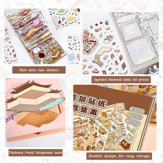 20 Sets DIY 3D Sticker Scenes for Adults Relief Stress, Cute Kawaii 3D House Sticker Therapy for Women Teen Girls Kids Pass The Time, Make Your Own Mini Room Scene Collection Book with Tweezer