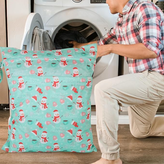 2pcs Travel Waterproof Laundry Bag, Cloth Diaper Wet Dry Bags with Handle & 2 Zipper Pockets, Reusable Washable Dirty Clothes Bag for Baby Adult Travelling Hanging, Bathing Beach Pool Daycare