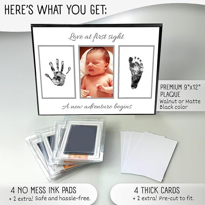 Baby Hand and Footprint Kit with Photo & Birth Details, Inkless Hand and Footprint Kit, Newborn Keepsake Plaque, Baby Shower Gifts (STYLE 2 (Baby Shower) (Love At First Sight))