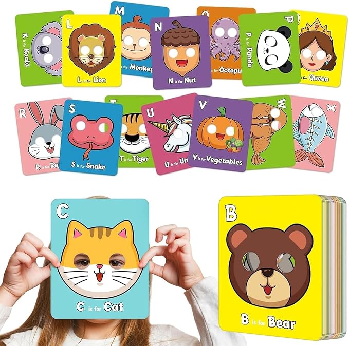 Alphabet Mask Cards,26 Pcs Alphabet ABC Flash Cards with Animal Masks,Colorful Giant ABC Animal Flash Cards,Learn Letters,English Phrases Colorful Flashcards for Interactive Educational Games