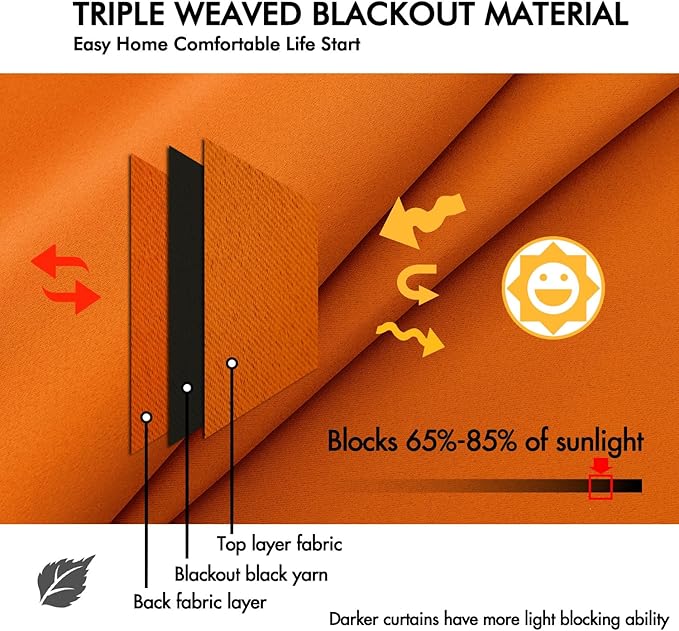 ANRODUO Back Tab Blackout Curtains for Bedroom Living Room, Rod Pocket Pinch Pleated Thermal Insulated Room Darkening Curtains 63 Inches Long 2 Panels, Orange, 42 x 63 Inch