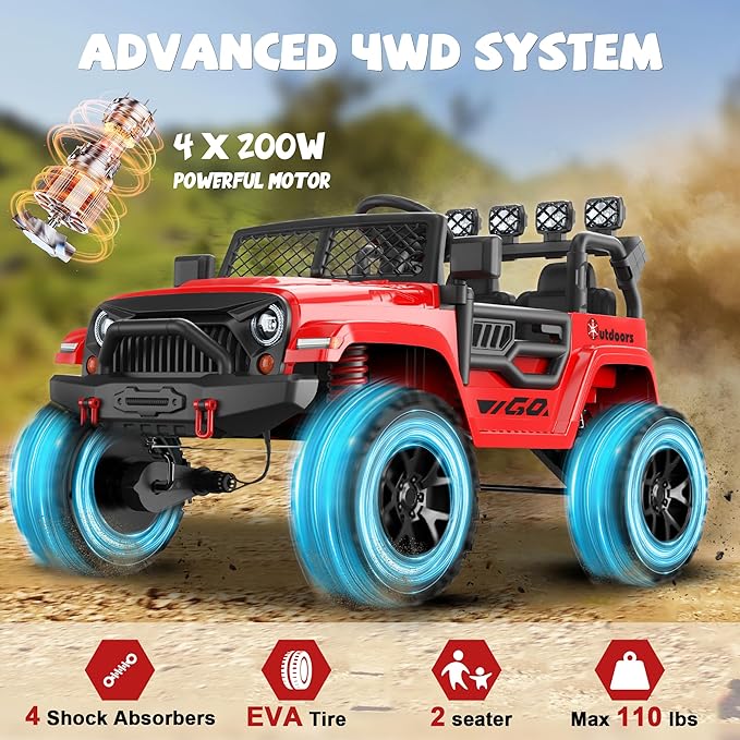 ANPABO 24V 2 Seater Ride On Car for Kids w/EVA Tires, 4X200W Motors, 4 Shock Absorbers, 2.4G Remote Control, Bluetooth Radio, LED Headlights & Searchlights, Electric Car for Kids Ages 3-8,Bright red