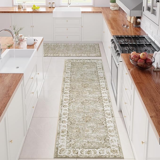 jinchan Runner Rug 3x10-2pcs Kitchen Washable Vintage Hallway Rug Floral Print Floor Cover Indoor Thin Retro Mat Accent for Bathroom Laundry Room Bedroom Office Farmhouse (Double,Taupe)