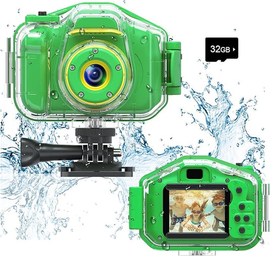 Agoigo Kids Waterproof Camera - Children Underwater HD Video Digital Camcorder, Portable Travel Toy for Toddler - Ideal Christmas Birthday Gifts for Boys Girls Age 3-12 with 32GB Card (Green)