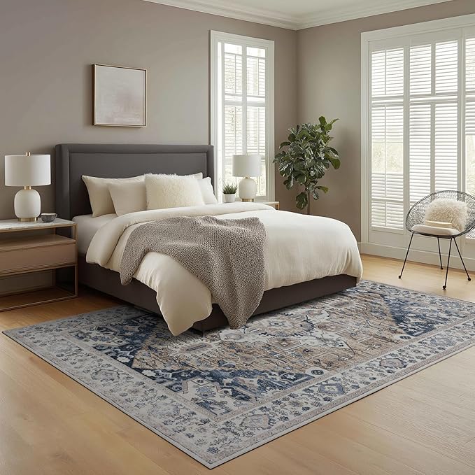 4x6 Washable Area Rug for Living Room, Carpet for Bedroom, Soft Faux Wool Retro Dining Room Rug, Non Slip&Non-Shedding Resistant Low Pile Vintage Print Rug for Home Office (Taupe/Blue)