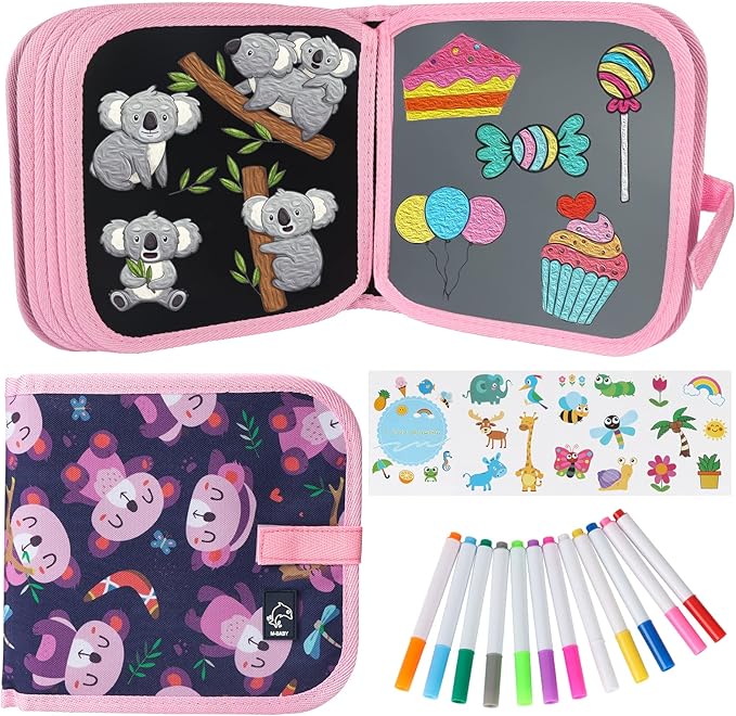 Erasable Doodle Set for Kids - Magic Drawing Book With 12 Watercolor Pens, 14 Page Reusable Writing Painting Set, Road Trip Car Game for Boys and Girls (Koala)