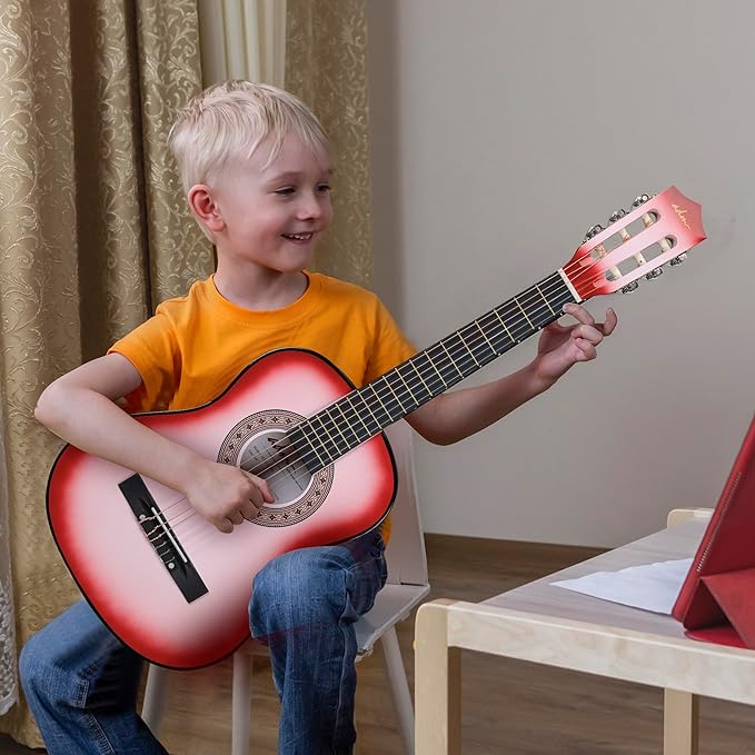 ADM Beginner Acoustic Classical Guitar 34 Inch Nylon Strings Wooden Guitar Bundle Kit for Kid Boy Girl Student Youth Guitarra Online Lessons with Gig Bag, Strap, Tuner, Strings, Picks, Pink