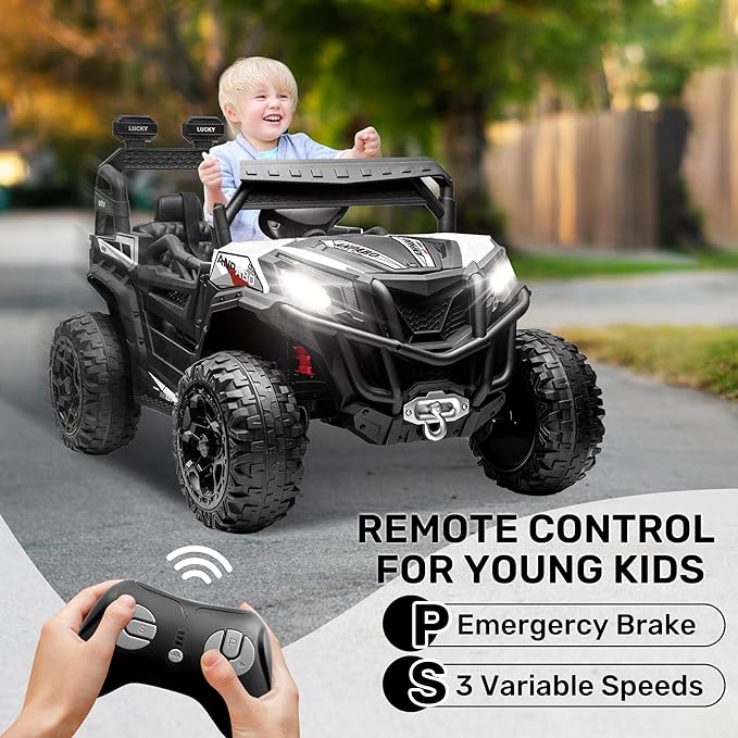 ANPABO 24V 4X4 Ride on Car Truck w/Remote Control, 4WD/2WD Switchable Kids UTV, 19" Spacious Seat, 4 Shock Absorbers, Soft Start, Music Player, Electric Car for Kids Ages 3+(White)