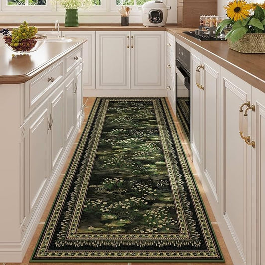 2x6 Runner Rug Impressionist-Style Vintage Kitchen Rugs Non Slip Washable Soft Carpet Runner for Kitchen Laundry Bedroom Bathroom, Green