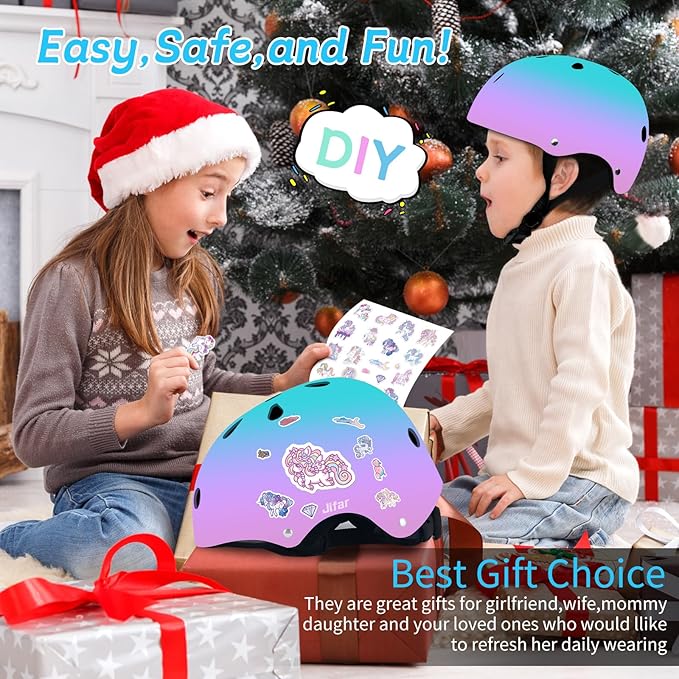 Adjustable Kids Bike Helmet with Knee & Elbow Pads Set, Color Gradient Design for Boys and Girls Aged 3-14+, for Skateboarding, Scooter, Roller & Inline Skating, Longboard