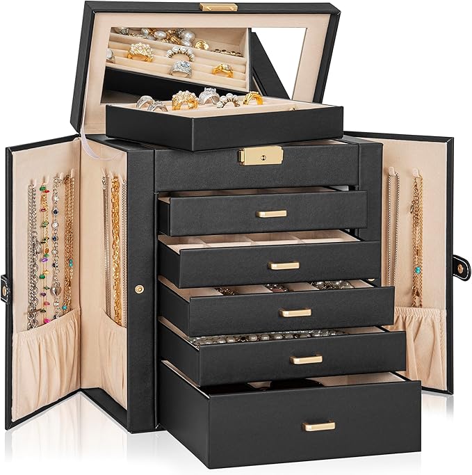 AKOZLIN Large 6-Tier Jewelry Box Lockable Leather Jewelry Storage Case with 5 Drawers for Women Girls Ring Necklace Earring Bracelet Holder Organizer with Mirror