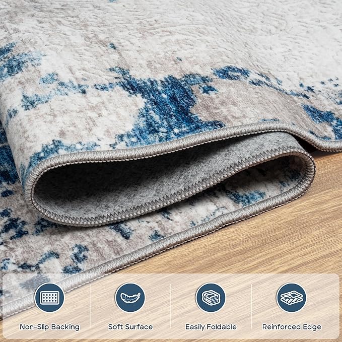 8x10 Area Rugs for Living Room Rug Washable: Modern Large Rug for Dining Room Bedroom Carpet Non Slip 8 by 10 Indoor Abstract Nursery Home Office Blue White