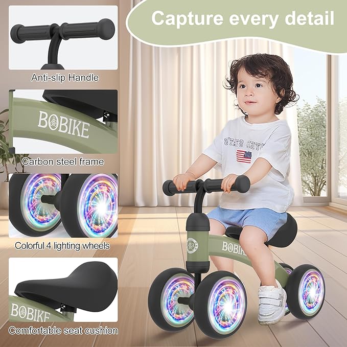 Baby Balance Bike Toys for 12-36 Months Kids Toy Boy and Girls Gifts Toddler Best First Birthday Gift Children Walker No Pedal Infant 4 Wheels Bicycle (Colorful, Deep Green-Light)