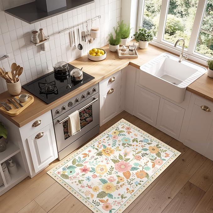 Floral 2x3 Area Rug Machine Washable Soft Print Boho Carpet Non Slip Doormat Low Pile Flower Area Rugs for Living Room Bedroom Nursery Kitchen Dining Room Indoor-Beige/White/Orange