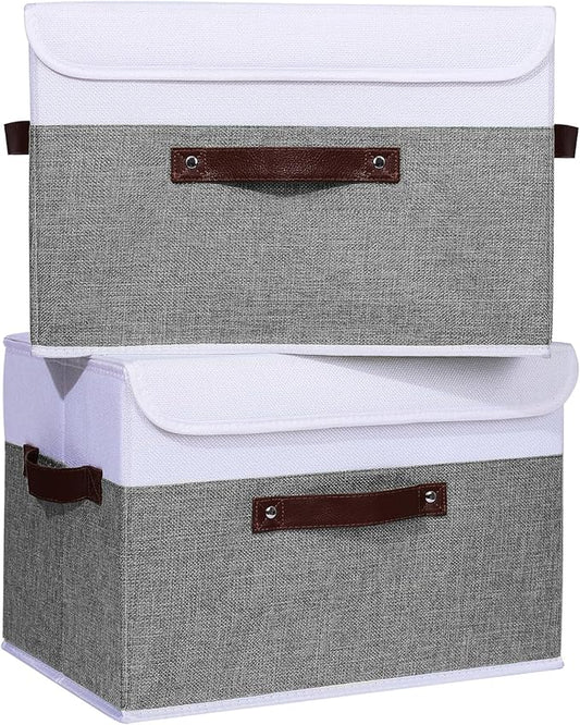 ANMINY 4PCS Storage Boxes with Lid Washable Decorative Storage Bins Basket with PU Leather Handle Foldable Linen Fabric Storage Cubes Containers for Home Closet Organizer - Gray White, Large Size