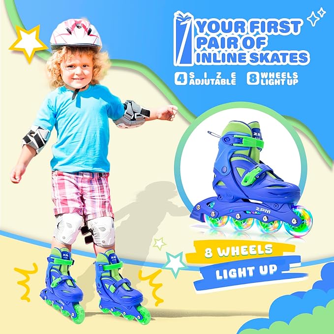 2PM SPORTS Inline Skates with Light Up Wheels, Roller Skates Blades for Boys Girls Kids Ages 5-8 8-12 4-6 6-12, Size Adjustable Beginner Blades Roller Skates