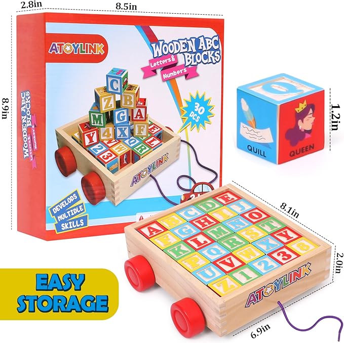 Atoylink ABC Wooden Building Blocks for Toddlers 1-3, 30 Pcs Alphabet & Number Stacking Toys with Storage Pull Toy Car Learning & Education Montessori Toys for 1 2 3 Year Old Baby Boy Girl Gifts